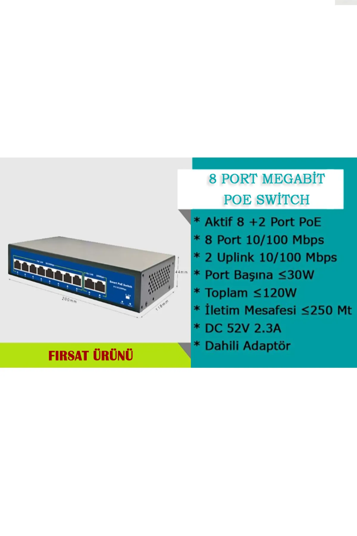 8+2 Port 10-100 Mbps   96W Güç  IP Kamera ve Ağ Cihazları İçin Uplink Destekli Combo Ethernet PoE Switch